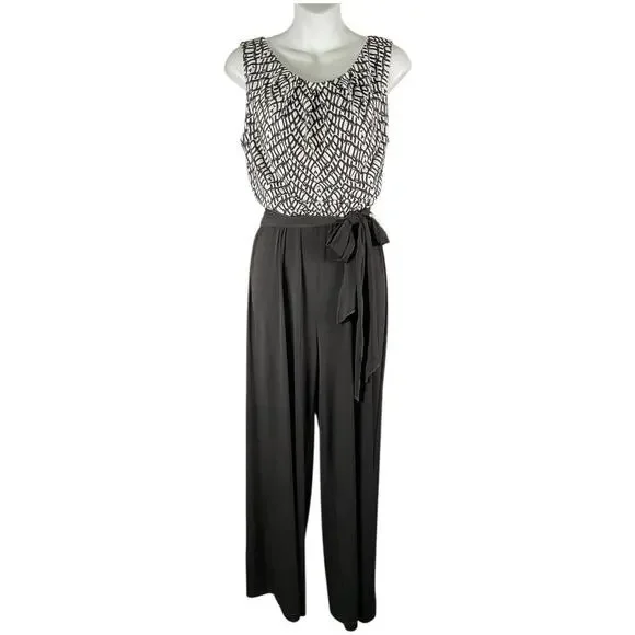ROZ& Ali Black White Sleeveless Jumpsuit W/ Tie Waist Elegant Wide Leg Size 10P - Picture 1 of 10